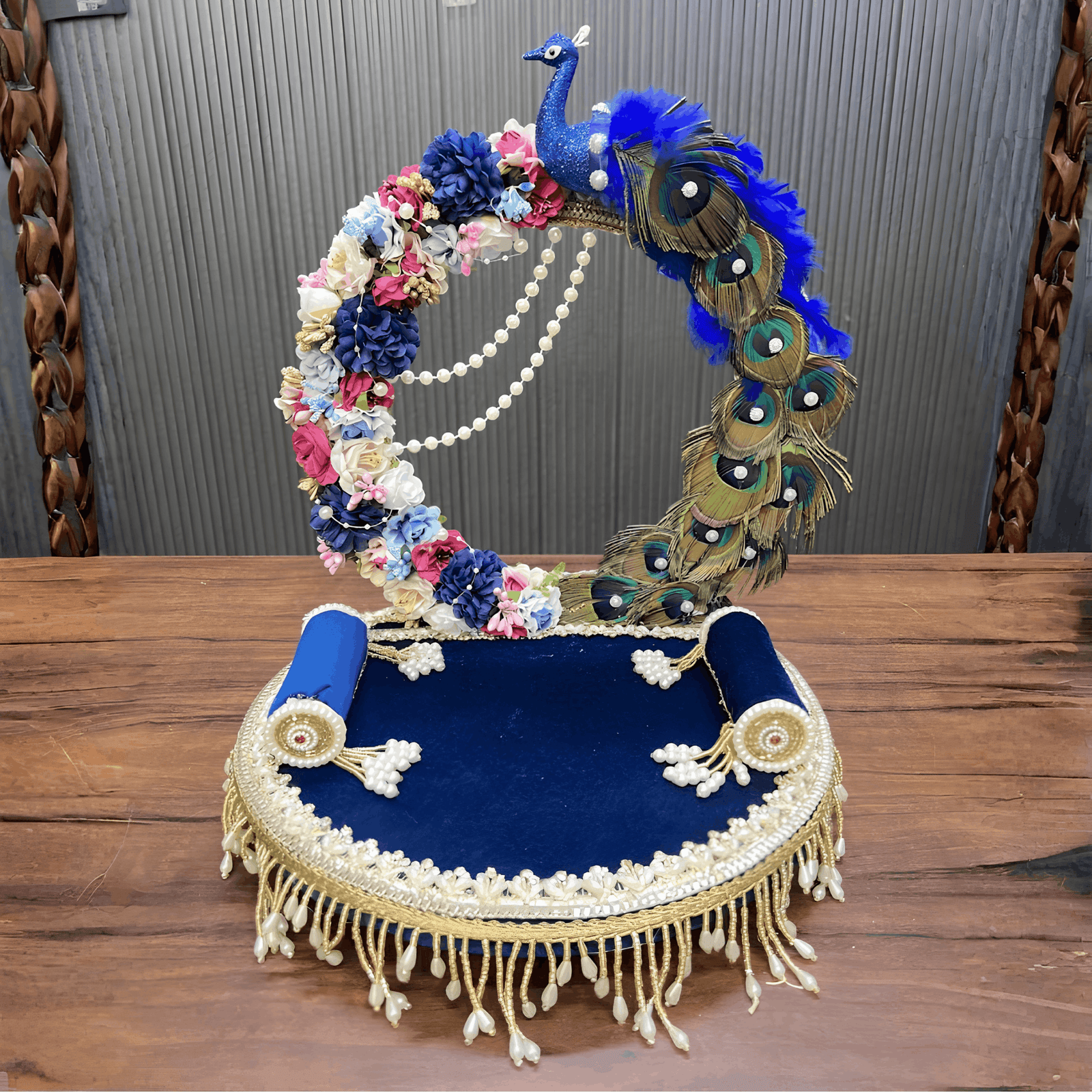 Blue Peacock-Themed Singhasan-12 inch (Pack of 1)